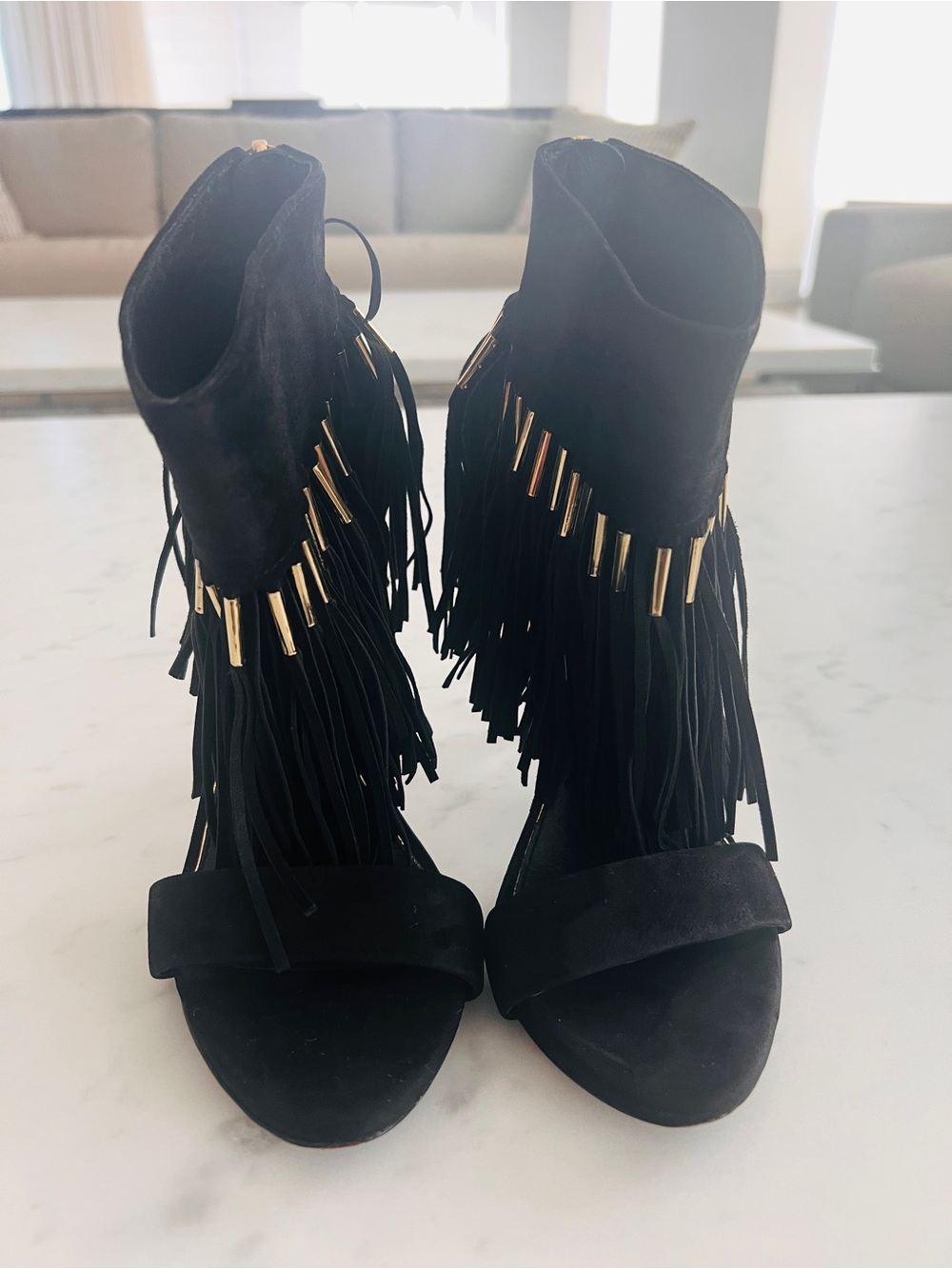 Rachel Zoe Black Suede Fringe High Heel Sandals with Gold Accents